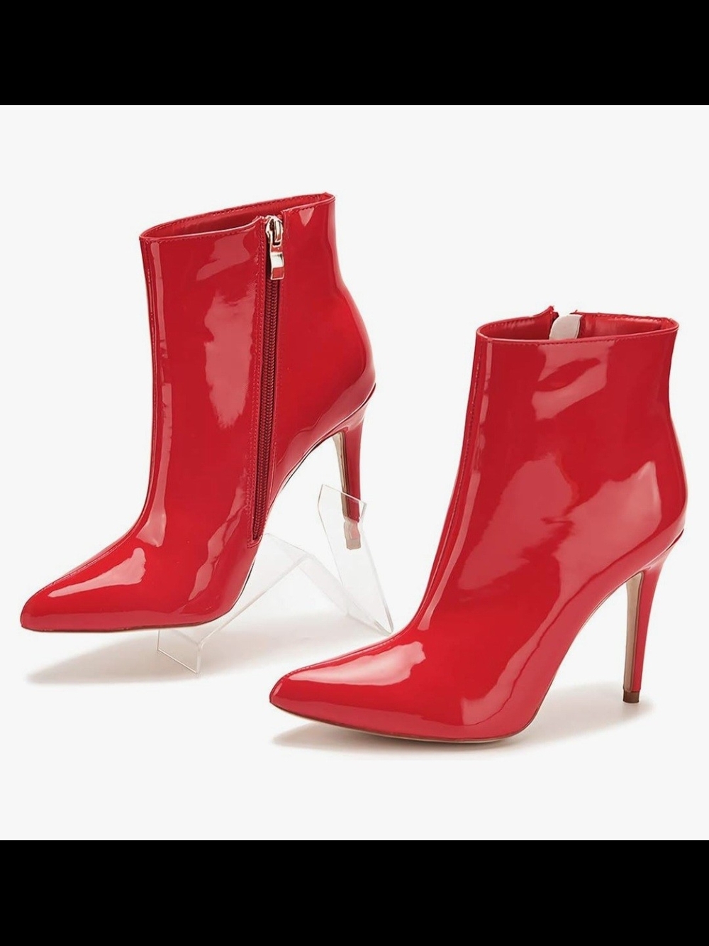 Red Patent Pointed Toe Ankle Booties - Women's High Heel Fashion